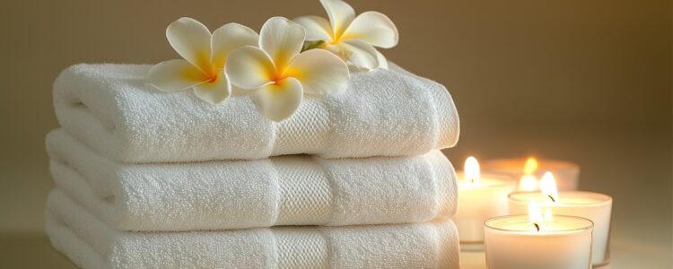Spa towels, plumeria flowers, and candles; wellness scene, studio shot